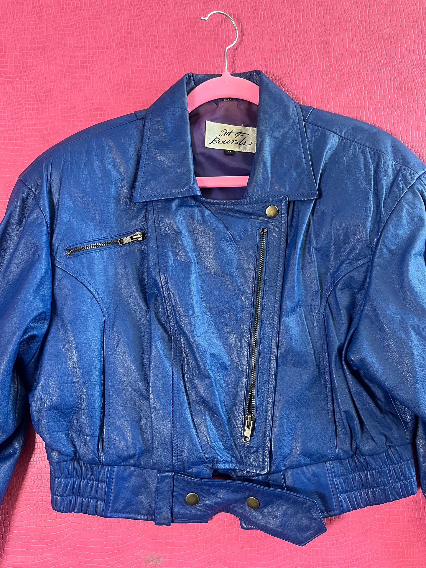 Vintage 80s "Out Of Bounds" Blue Leather Jacket - Fits Up To Size M