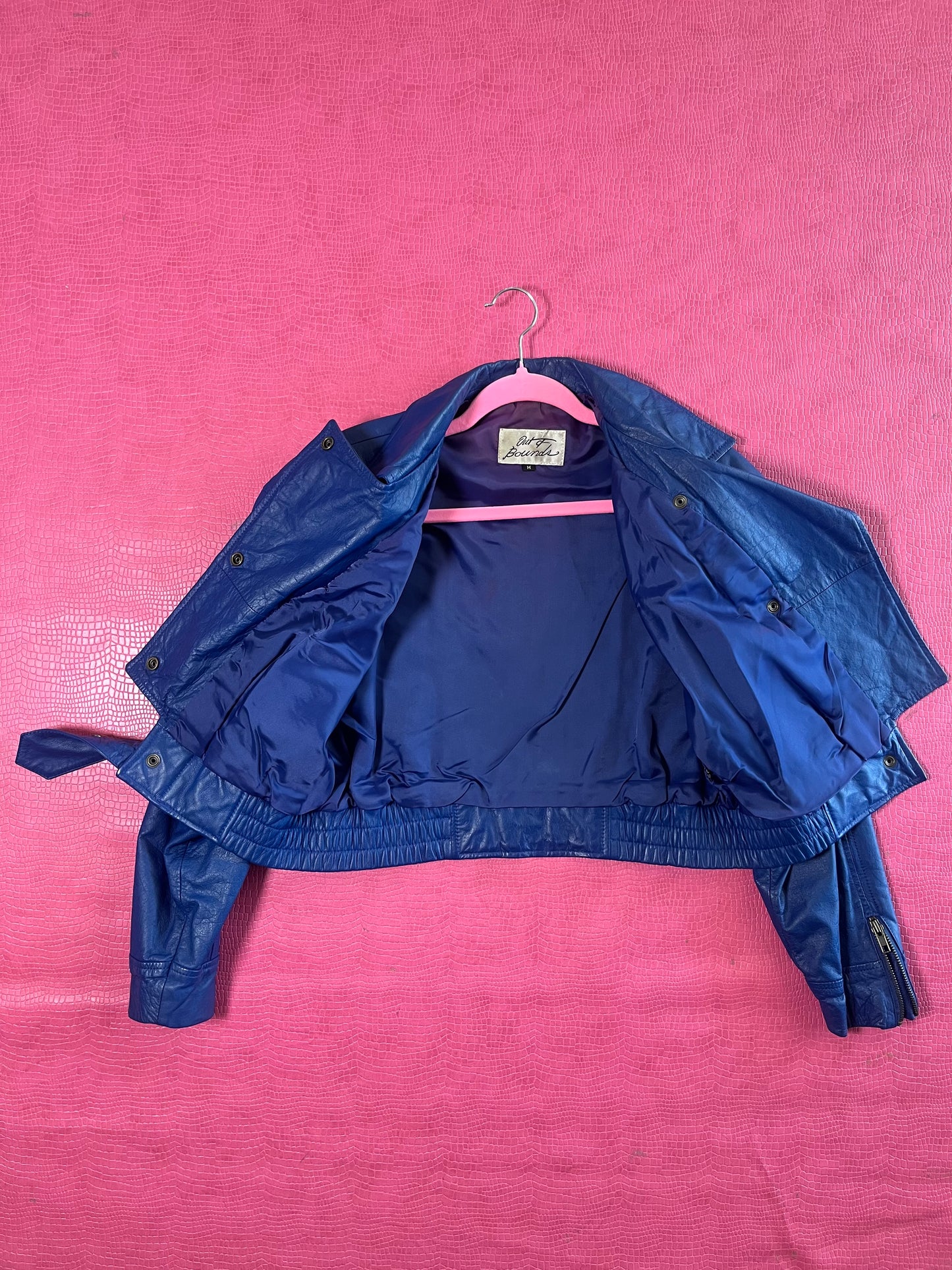 Vintage 80s "Out Of Bounds" Blue Leather Jacket - Fits Up To Size M