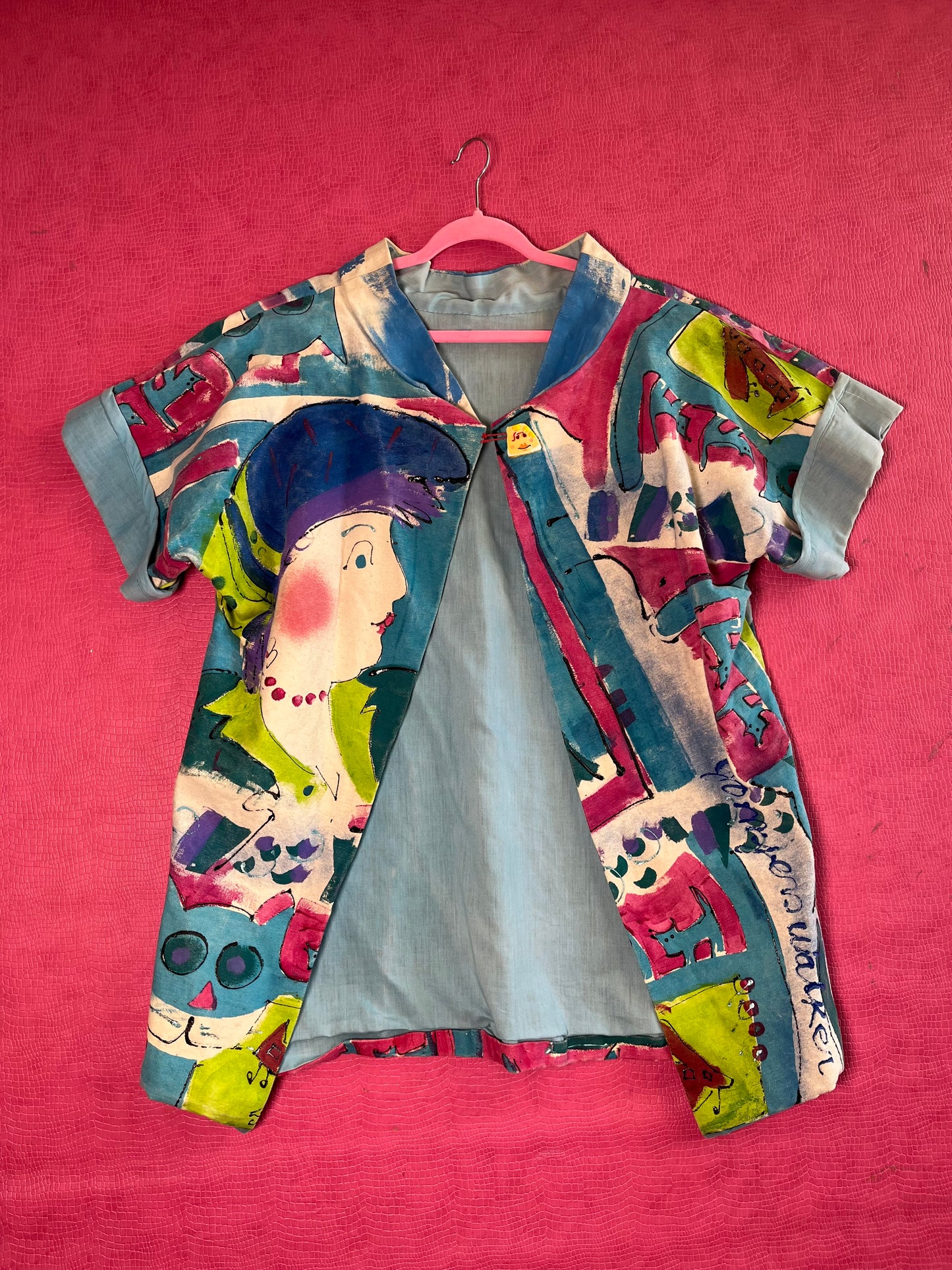 Vintage 80s Hand Painted Cat Lady Jacket - One Size Fits Most