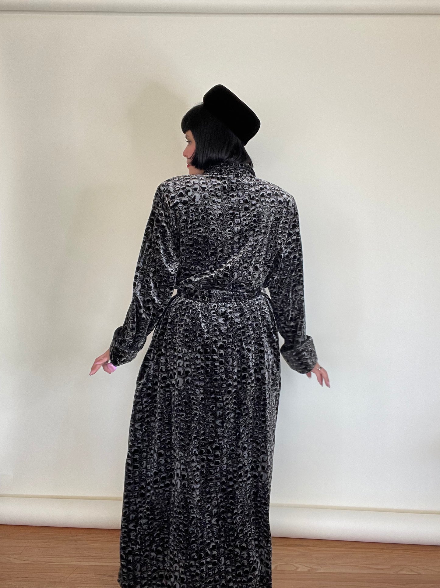 Vintage 80s Patent Leather Crocodile Print Rich Velvet Robe Duster Fits Most Sizes