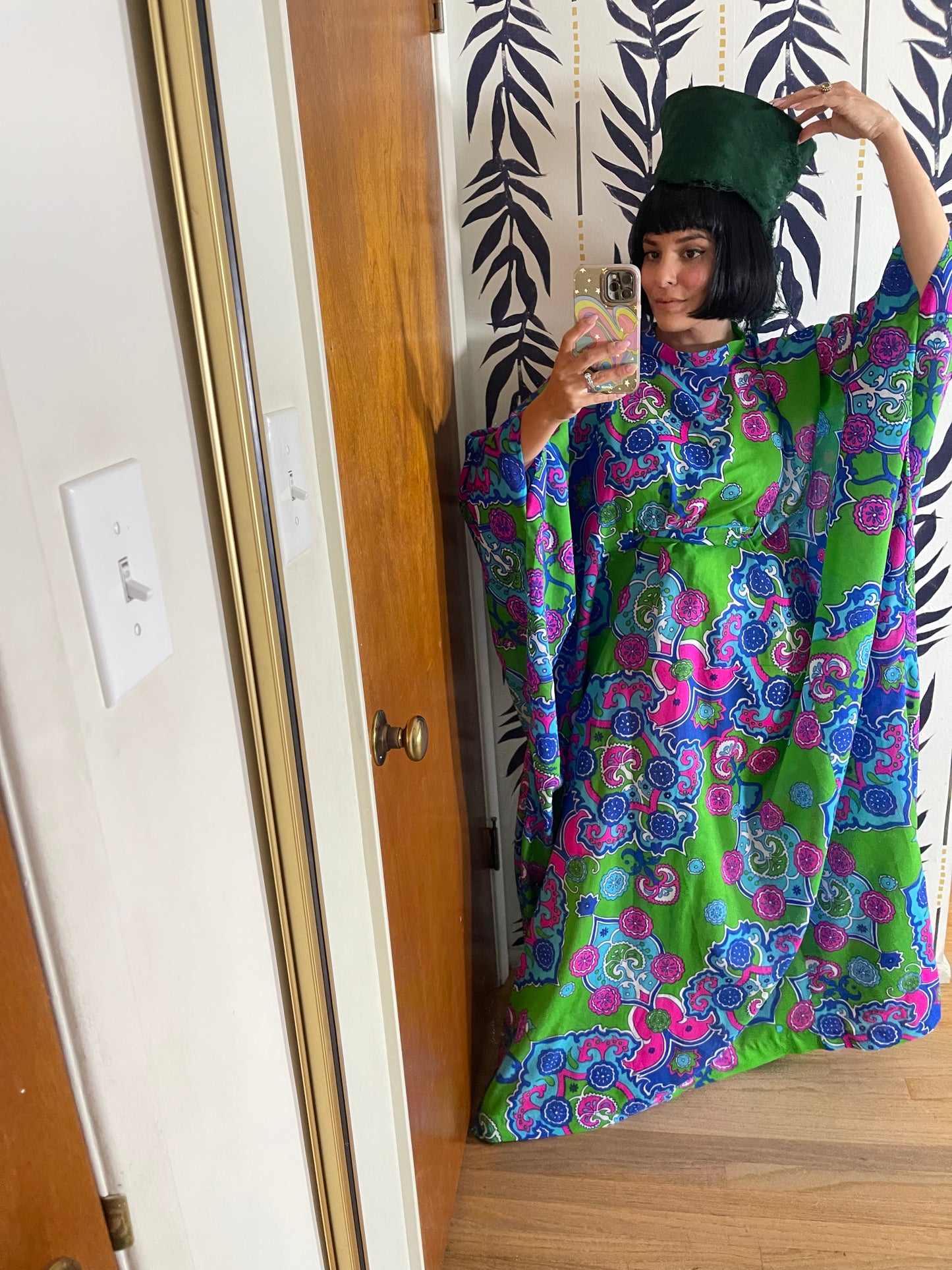 Vintage 60s 70s Green Neon Psychedelic Caftan Fits Most Sizes