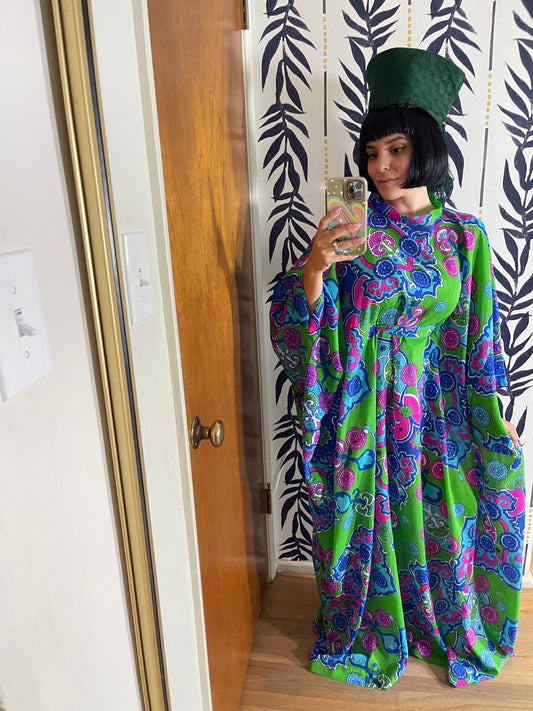 Vintage 60s 70s Green Neon Psychedelic Caftan Fits Most Sizes