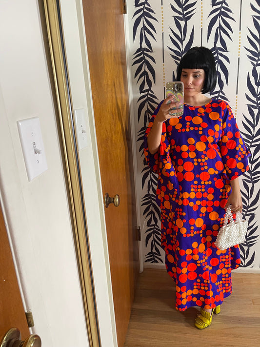Vintage 60s 70s Purple Red Orange Op Art Polka Dots Neon DayGlo Caftan XS-L