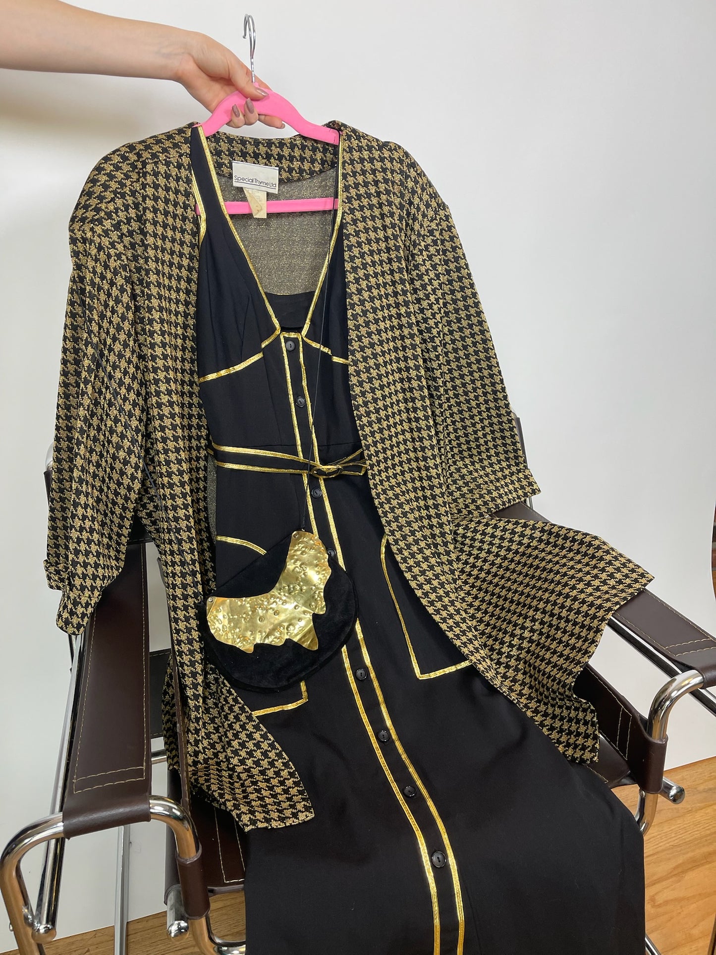 Vintage 80s "Special Thyme Ltd." Gold & Black Houndstooth Jacket - Fits Most Sizes