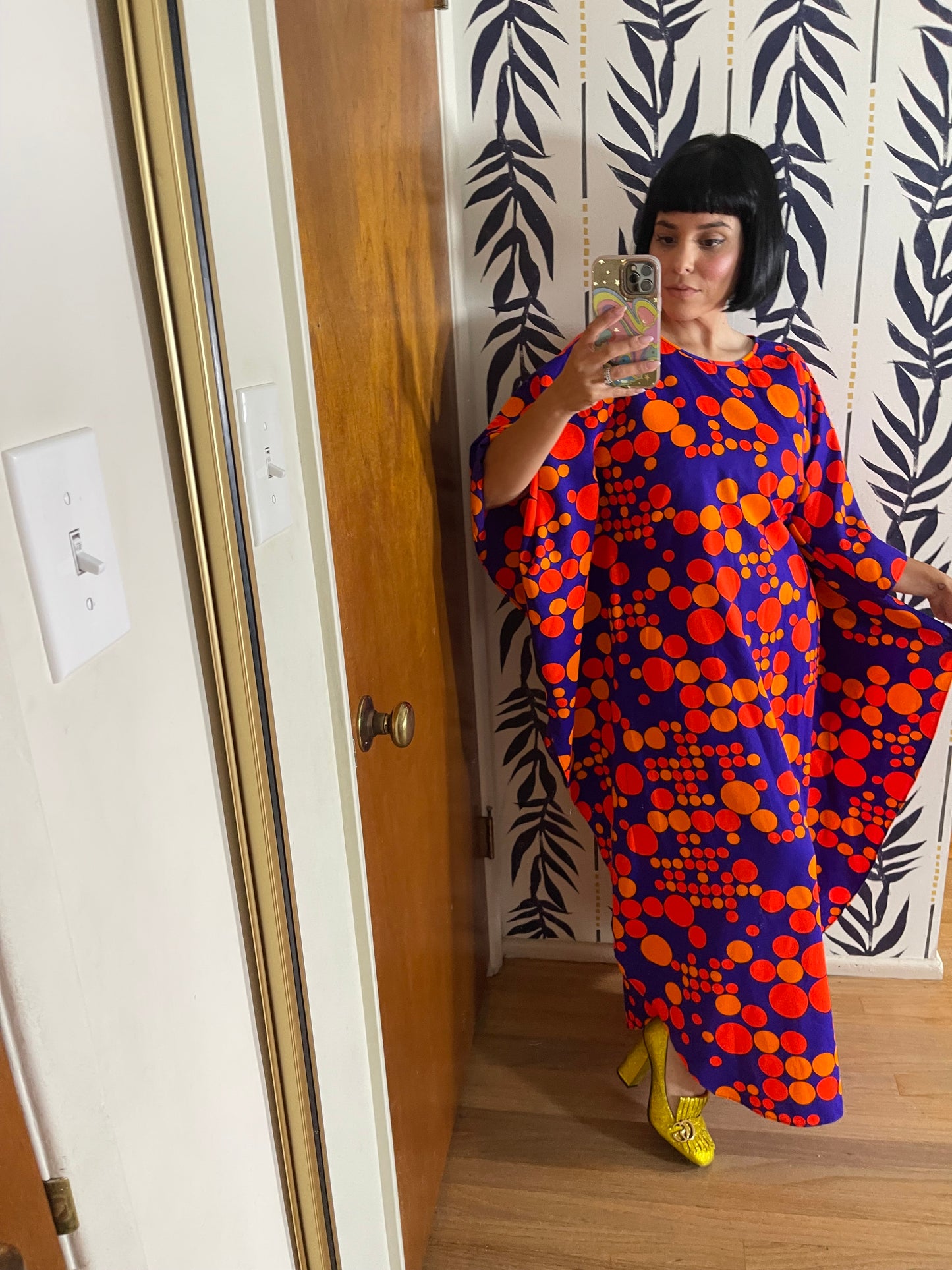 Vintage 60s 70s Purple Red Orange Op Art Polka Dots Neon DayGlo Caftan XS-L