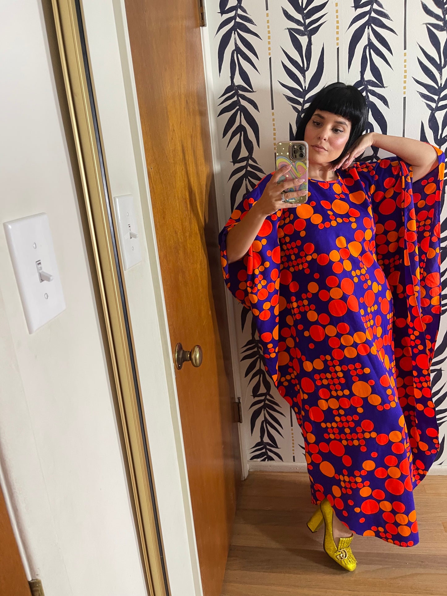 Vintage 60s 70s Purple Red Orange Op Art Polka Dots Neon DayGlo Caftan XS-L