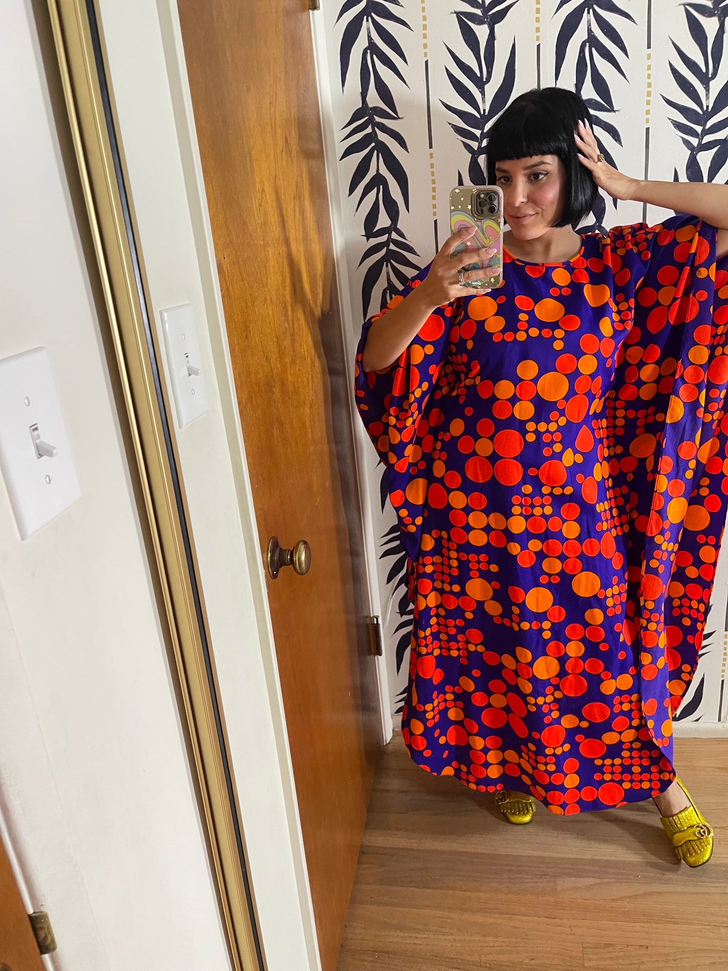 Vintage 60s 70s Purple Red Orange Op Art Polka Dots Neon DayGlo Caftan XS-L