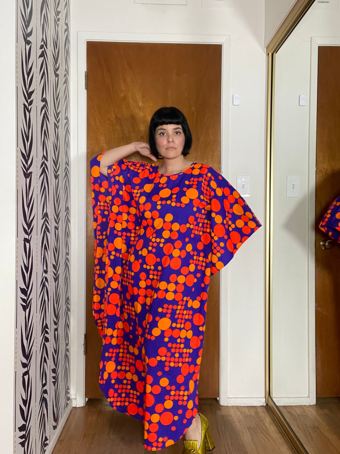 Vintage 60s 70s Purple Red Orange Op Art Polka Dots Neon DayGlo Caftan XS-L