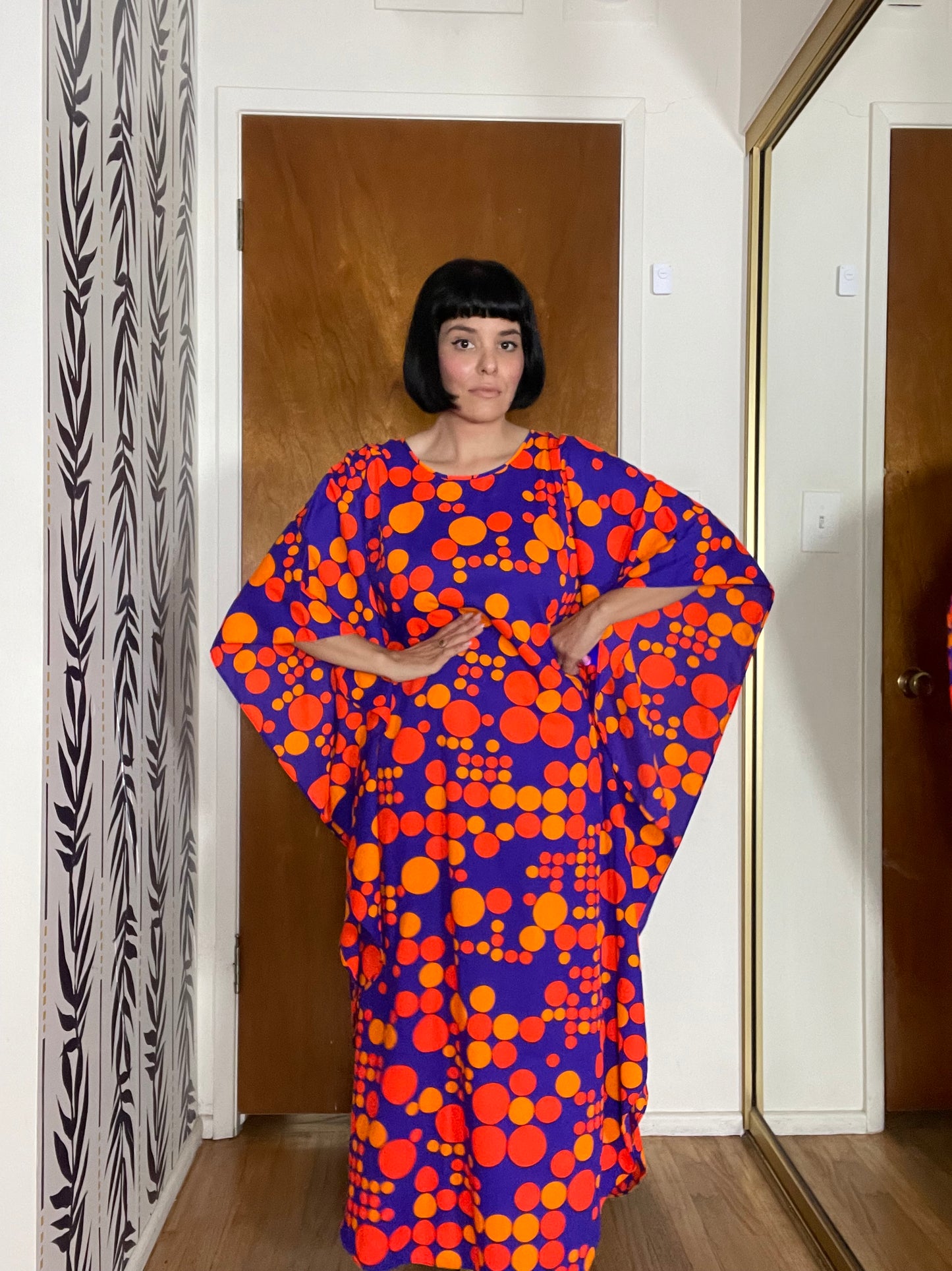 Vintage 60s 70s Purple Red Orange Op Art Polka Dots Neon DayGlo Caftan XS-L