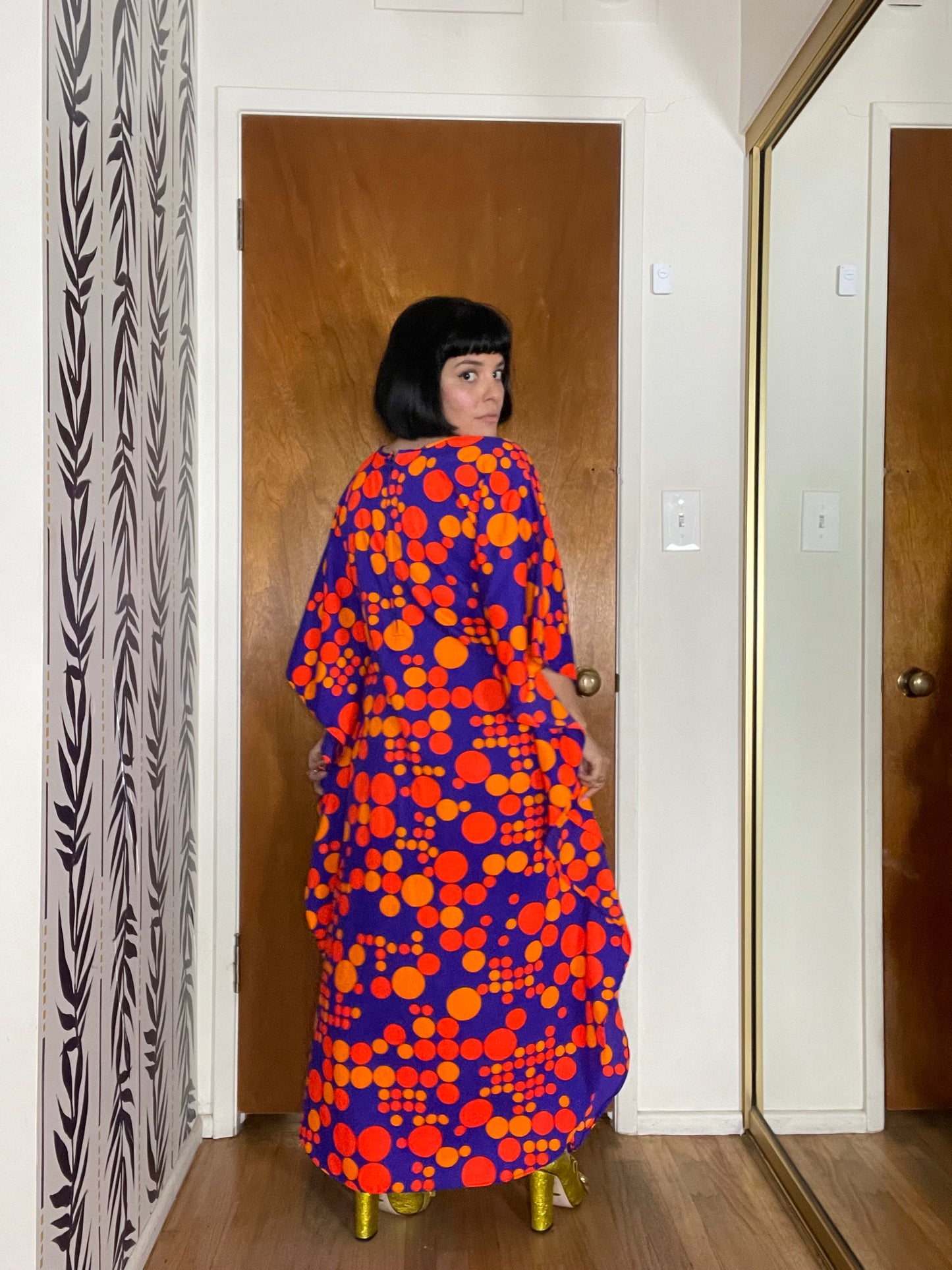 Vintage 60s 70s Purple Red Orange Op Art Polka Dots Neon DayGlo Caftan XS-L