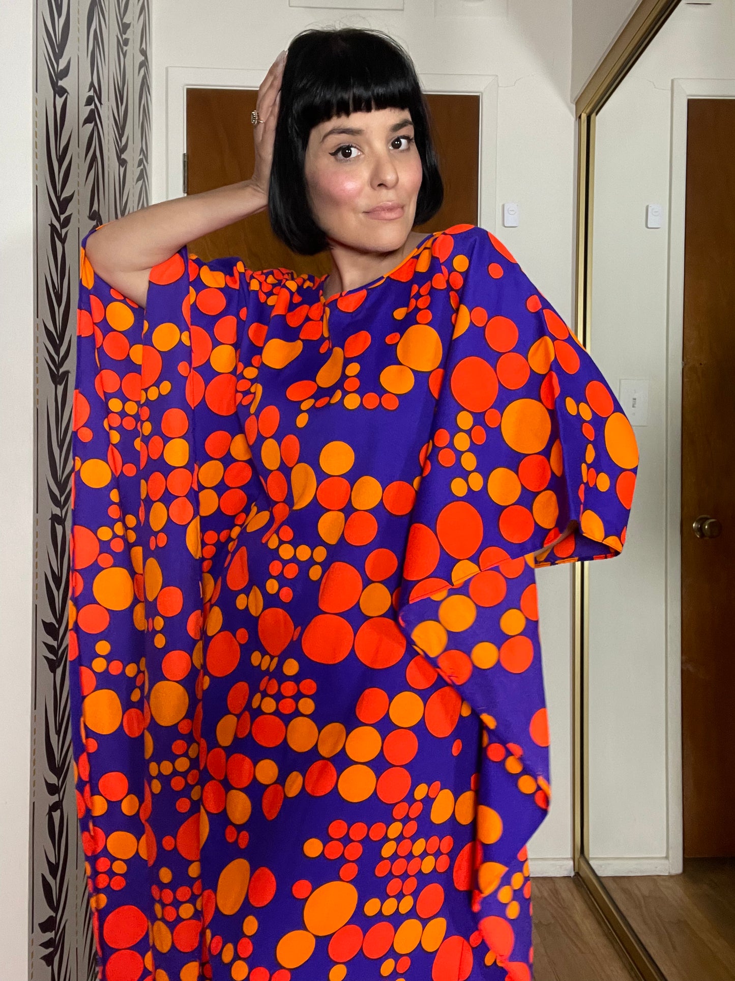 Vintage 60s 70s Purple Red Orange Op Art Polka Dots Neon DayGlo Caftan XS-L