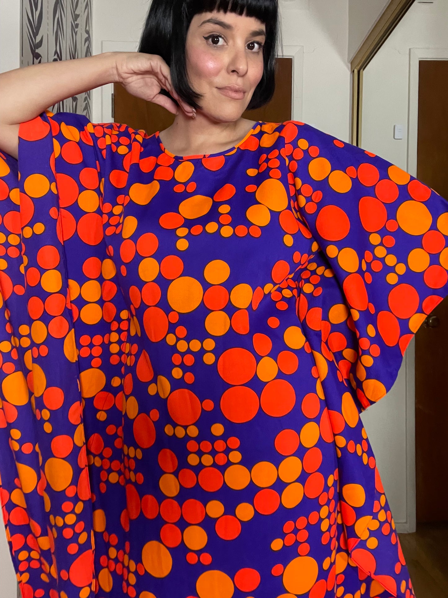 Vintage 60s 70s Purple Red Orange Op Art Polka Dots Neon DayGlo Caftan XS-L