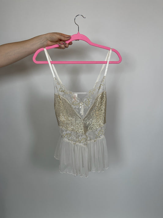 Vintage 70s 80s "Frederick's Of Hollywood" Sheer White And Gold Top - Best Fits Sizes XS-S