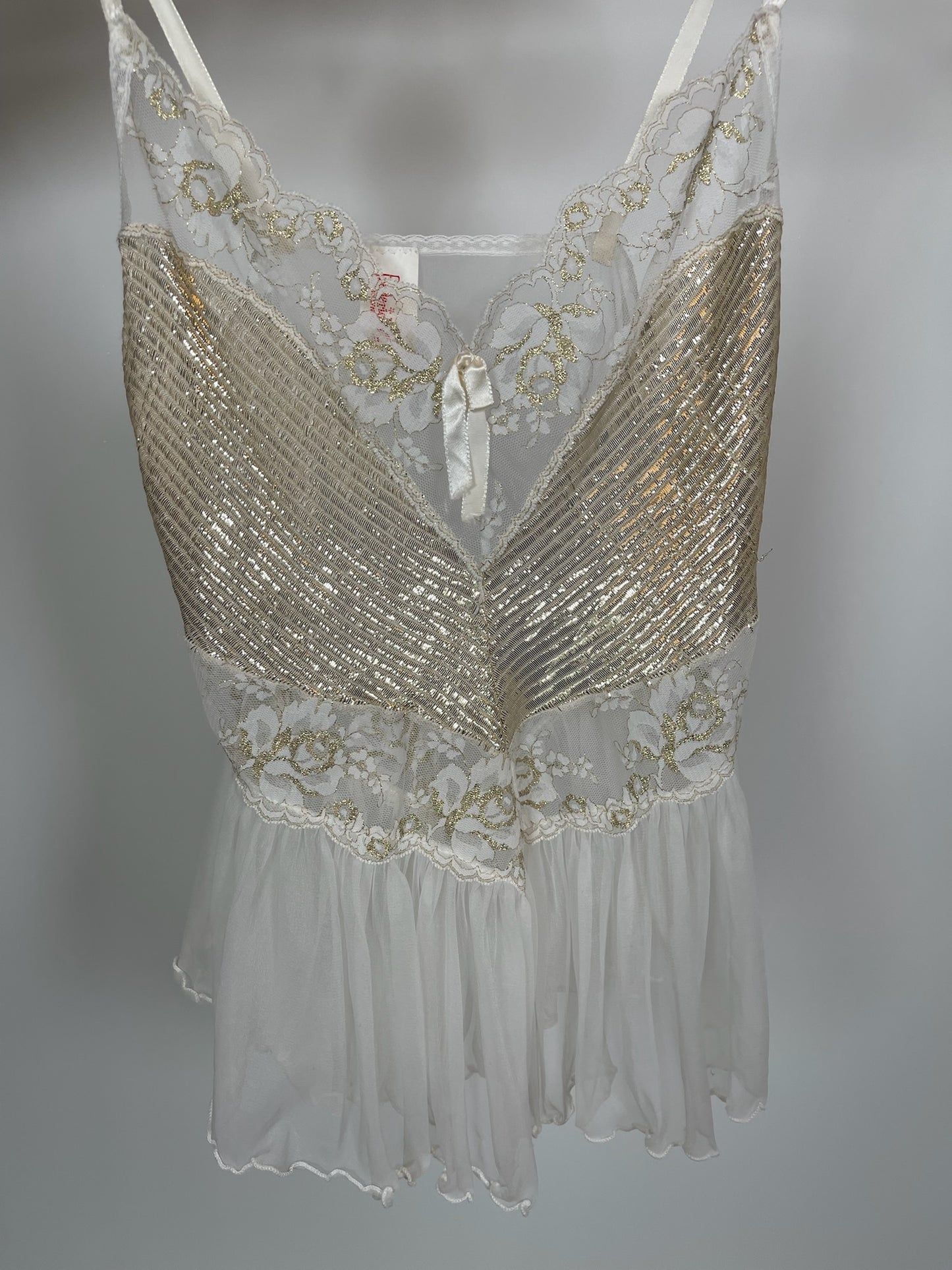 Vintage 70s 80s "Frederick's Of Hollywood" Sheer White And Gold Top - Best Fits Sizes XS-S