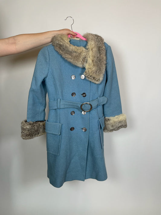 Vintage 60s Blue Coat With Rabbit Hair Collar - Best Fits Sizes XS-M