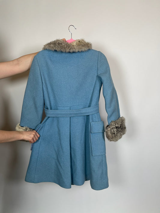 Vintage 60s Blue Coat With Rabbit Hair Collar - Best Fits Sizes XS-M