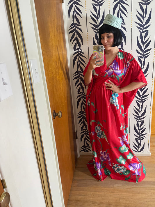 Vintage 60s 70s Waltah Clarke's Red Tropical Flowers Hawaiian Caftan Fits Most Sizes