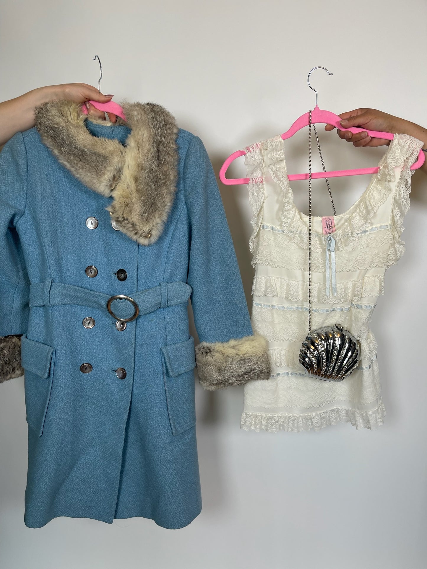 Vintage 60s Blue Coat With Rabbit Hair Collar - Best Fits Sizes XS-M