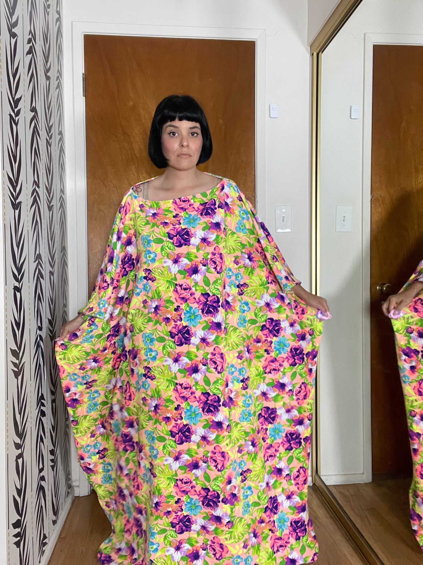 Modern Neon "Julia Clancey" Floral DayGlo Caftan Dress Fits Most Sizes Comes w/ Turban