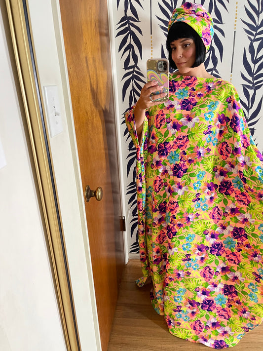 Modern Neon "Julia Clancey" Floral DayGlo Caftan Dress Fits Most Sizes Comes w/ Turban