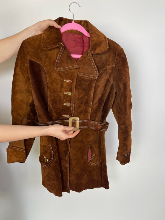 Vintage 60s 70s Brown Suede Leather Jacket - Best Fits Size XS-S