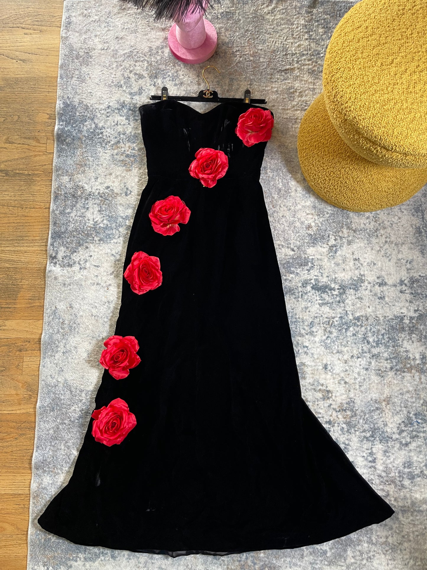 80s Victor Costa Velvet Strapless Gown w/ Red 3-D Flowers