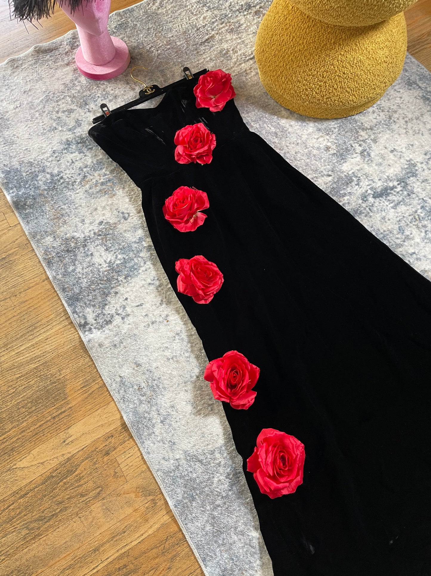 80s Victor Costa Velvet Strapless Gown w/ Red 3-D Flowers