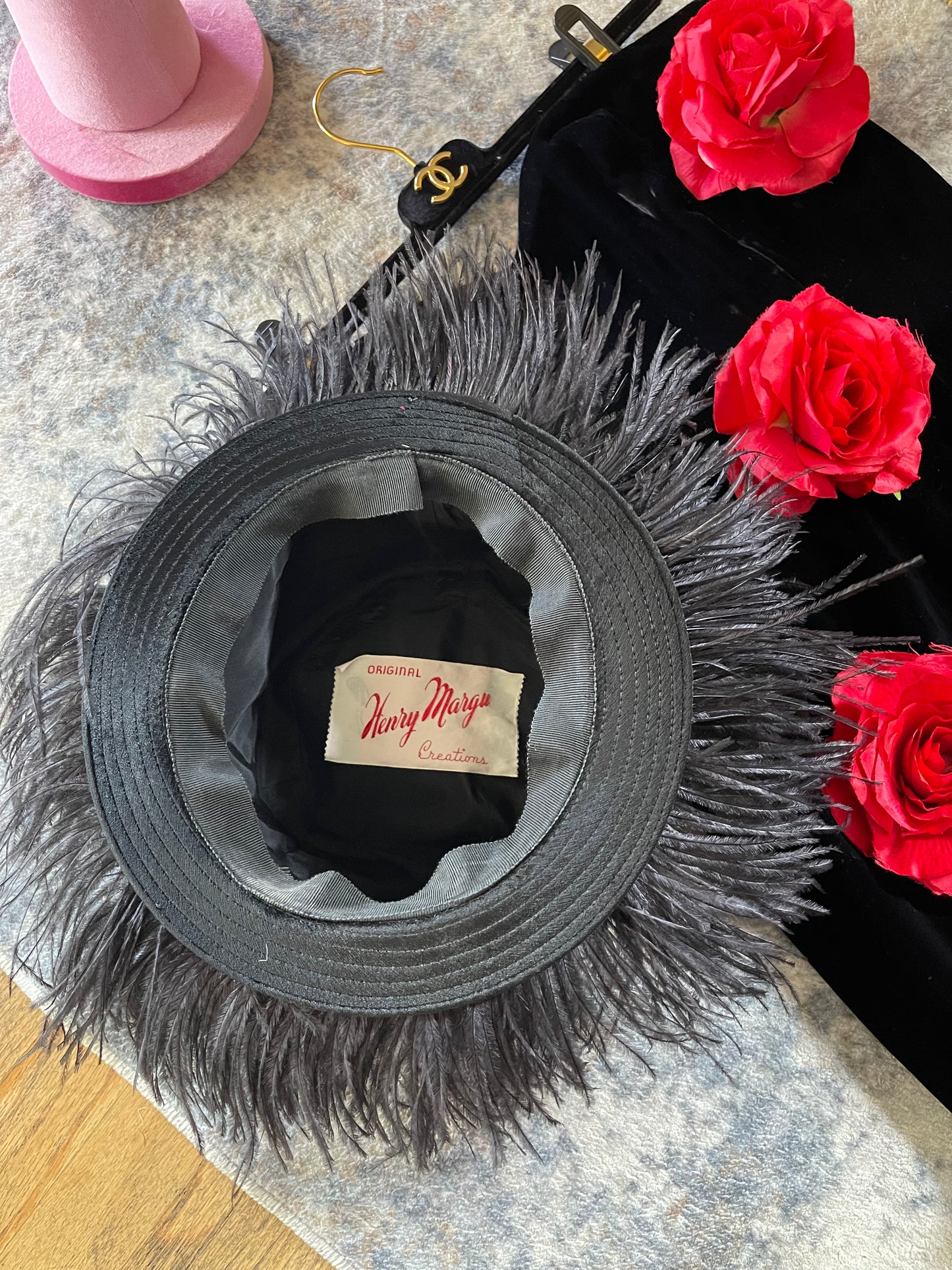 60s Black Ostrich Original Henry Margu Creations Velvet Feather Hat