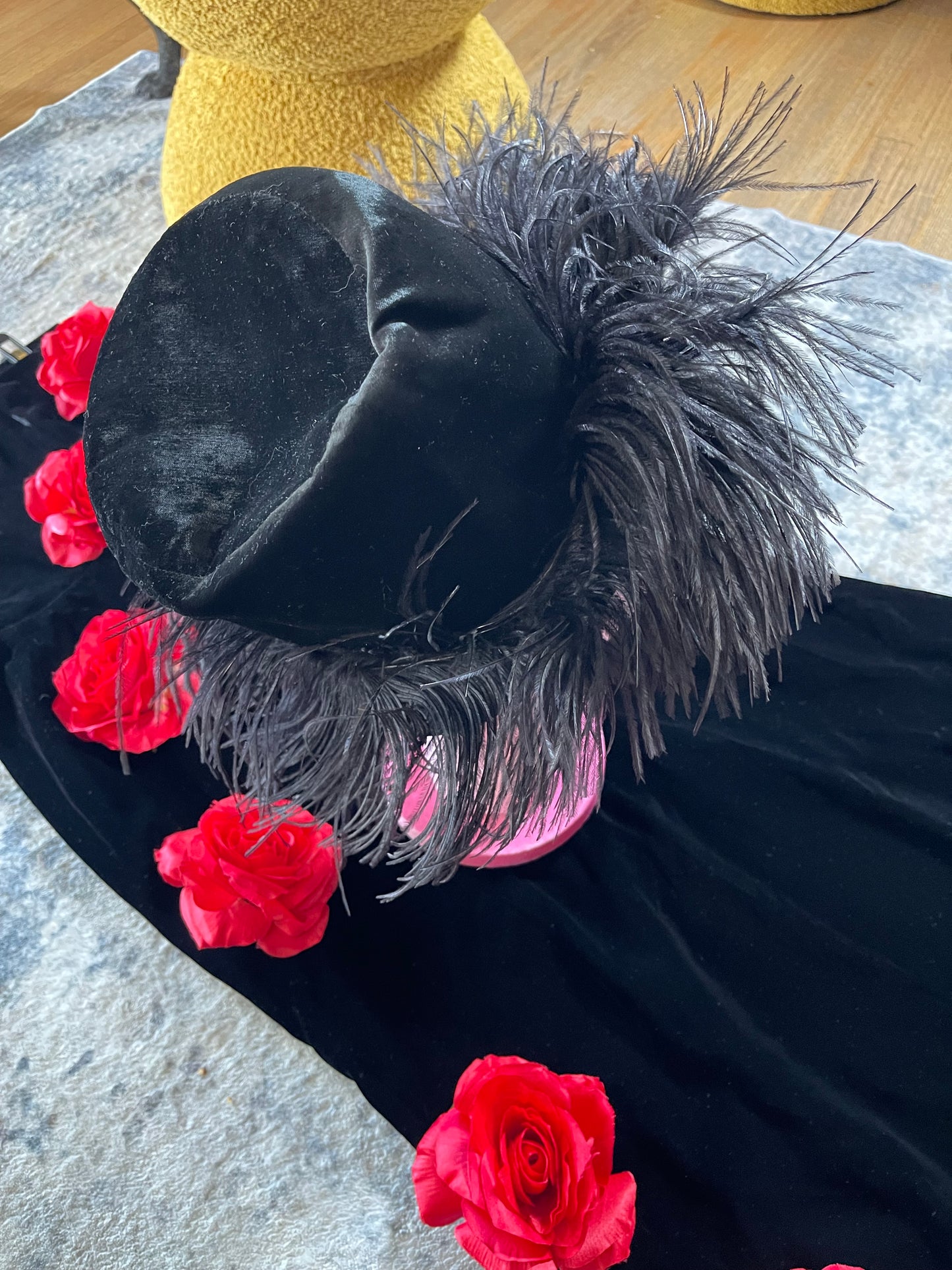 60s Black Ostrich Original Henry Margu Creations Velvet Feather Hat