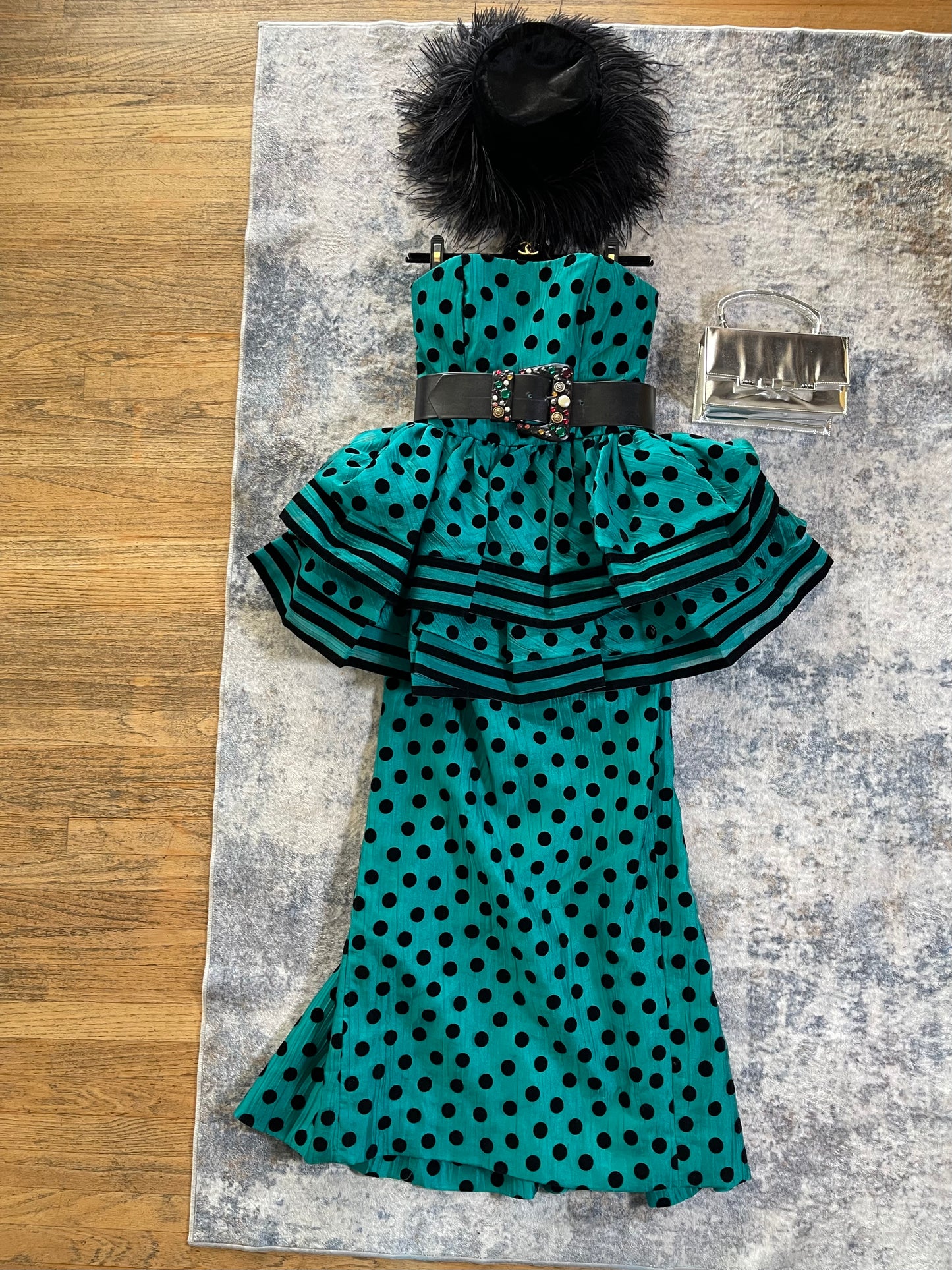 Victor Costa Polka Dot Peplum Aqua Blue Green Gown XS-SM