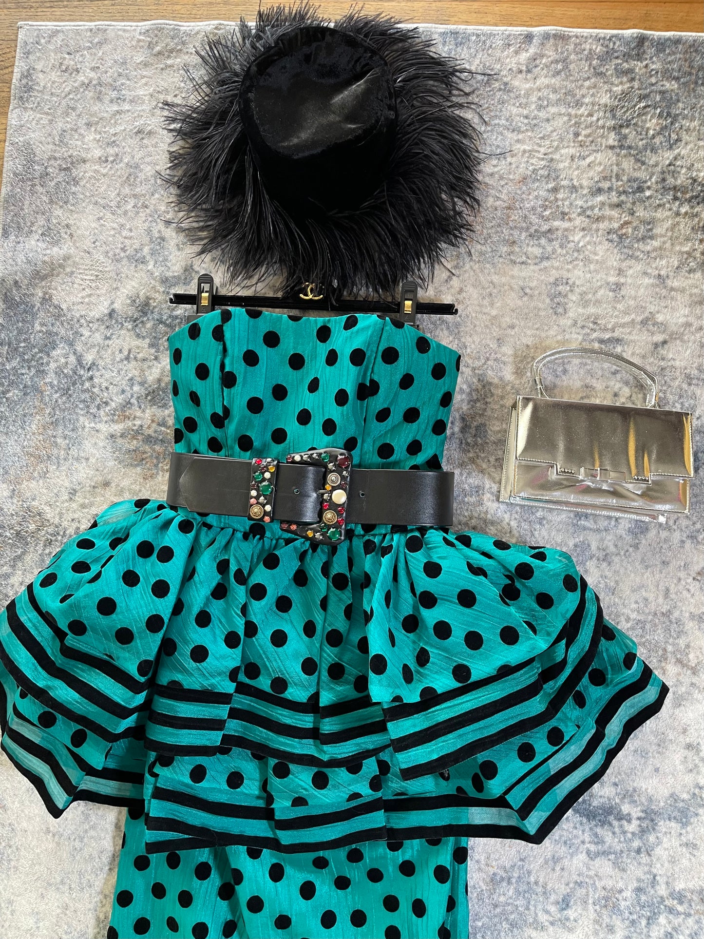 Victor Costa Polka Dot Peplum Aqua Blue Green Gown XS-SM