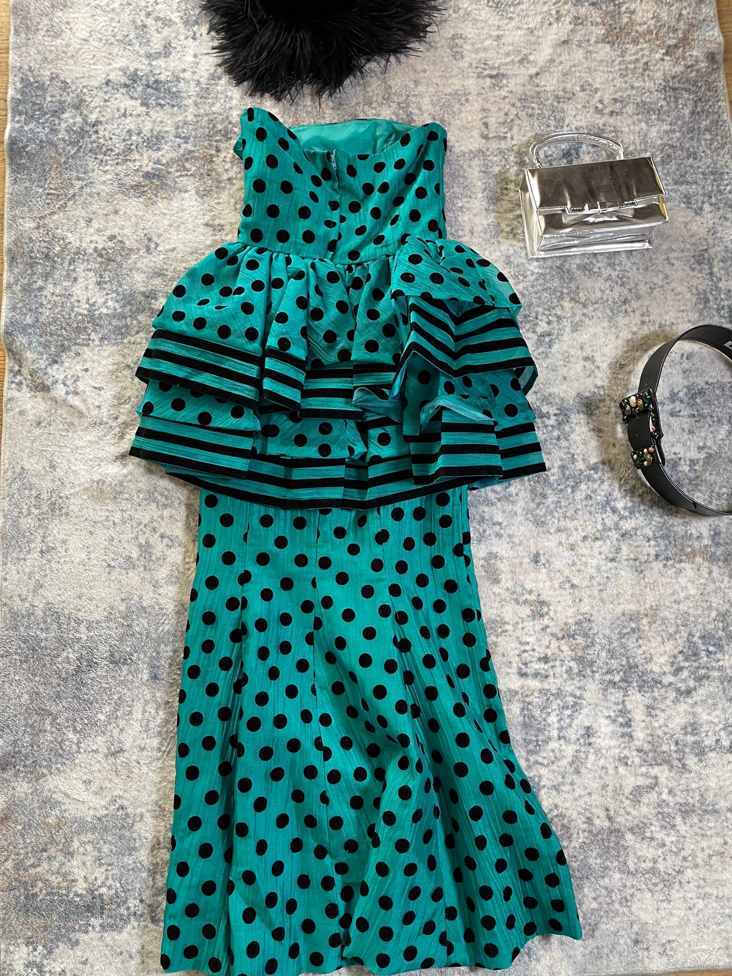 Victor Costa Polka Dot Peplum Aqua Blue Green Gown XS-SM