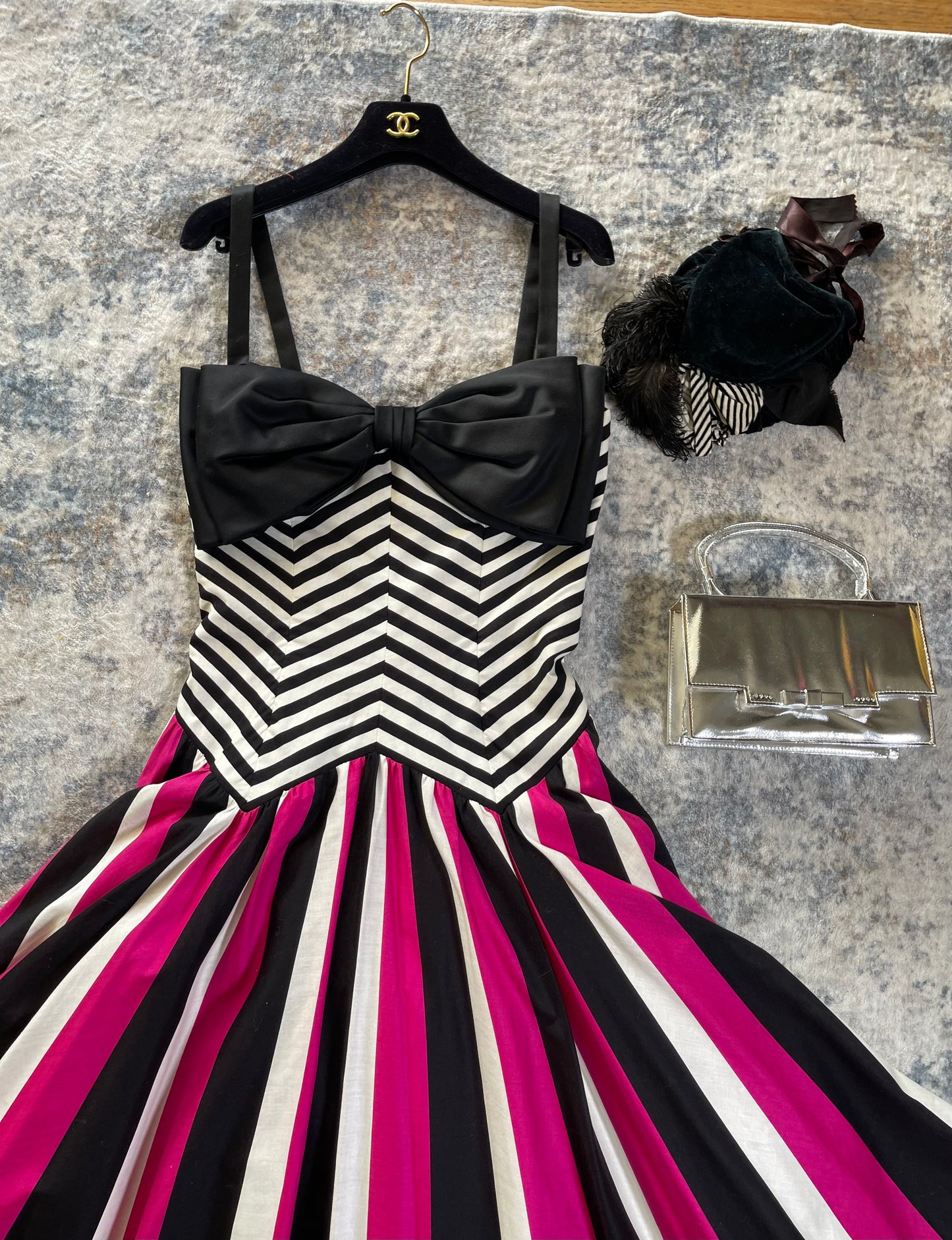 80s Victor Costa Pink, White, Black Striped Chevron Barbie Vibes Dress XS-SM