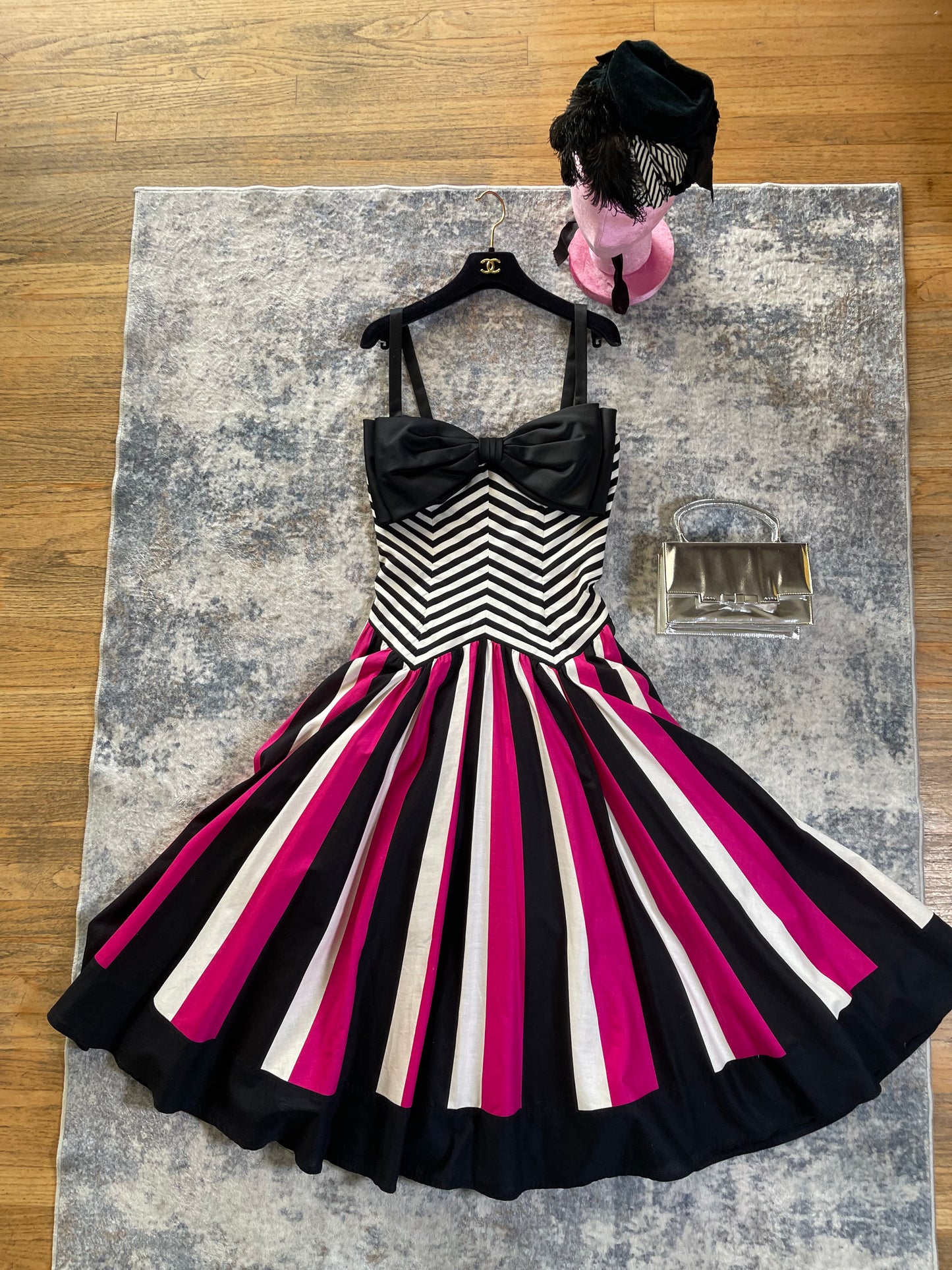 80s Victor Costa Pink, White, Black Striped Chevron Barbie Vibes Dress XS-SM
