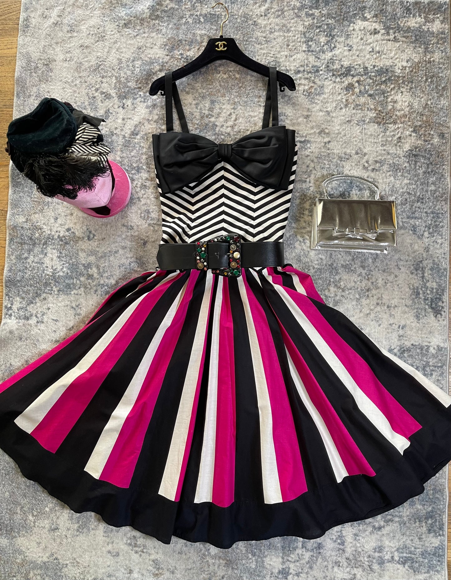 80s Victor Costa Pink, White, Black Striped Chevron Barbie Vibes Dress XS-SM