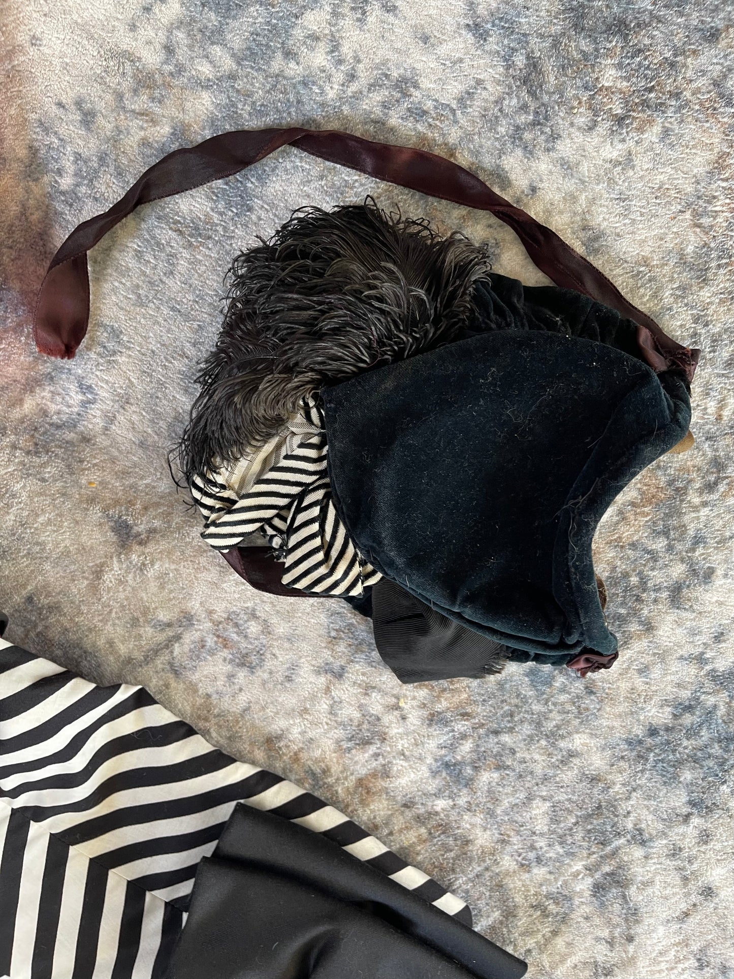Victorian Era Velvet Striped B&W with Feathers Hat with Ties