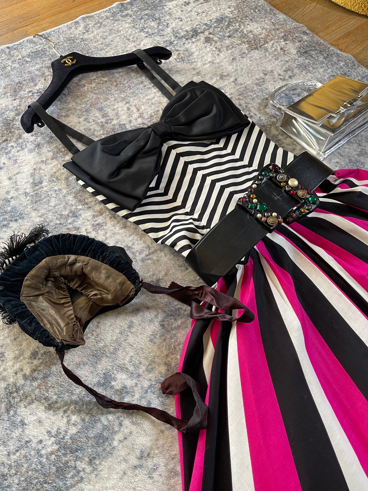 Victorian Era Velvet Striped B&W with Feathers Hat with Ties