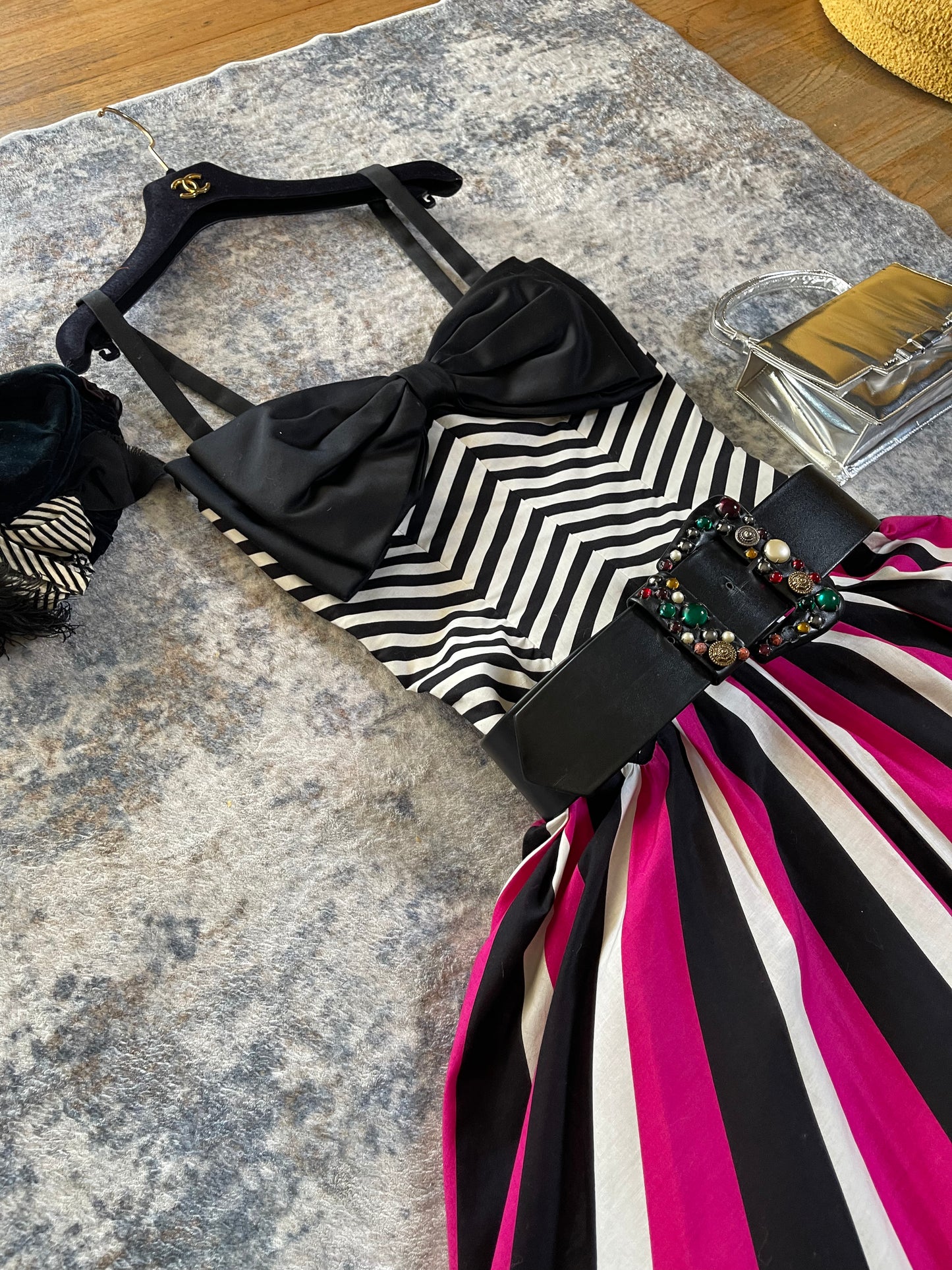 80s Victor Costa Pink, White, Black Striped Chevron Barbie Vibes Dress XS-SM