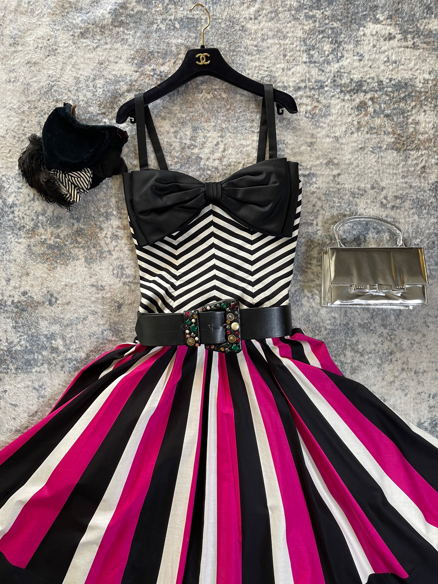 80s Victor Costa Pink, White, Black Striped Chevron Barbie Vibes Dress XS-SM