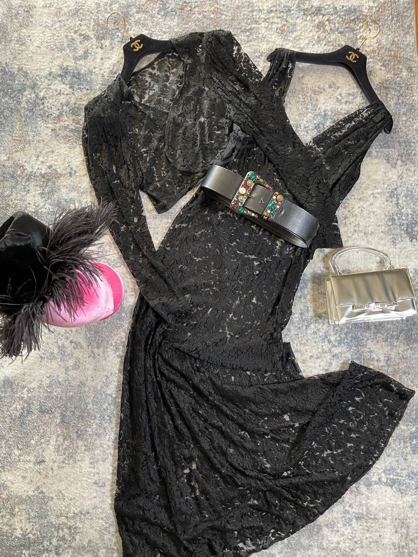 RARE 20s 30s Black Lace Sheer Gown Bolero Jacket Fits XS-M