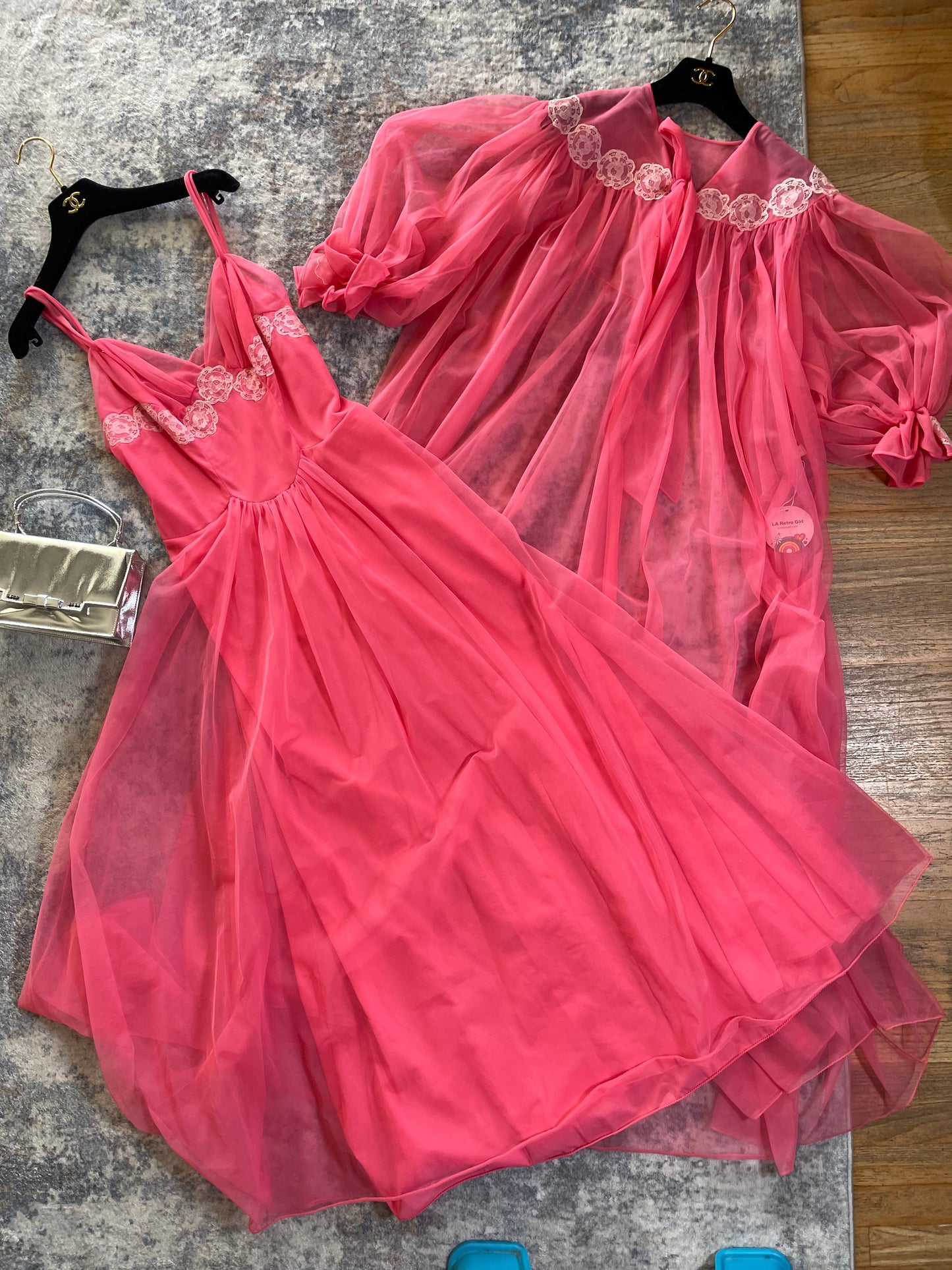 50s Wallace Virginia Pink Coral Peignoir Slip Duster Set Fits XS-M