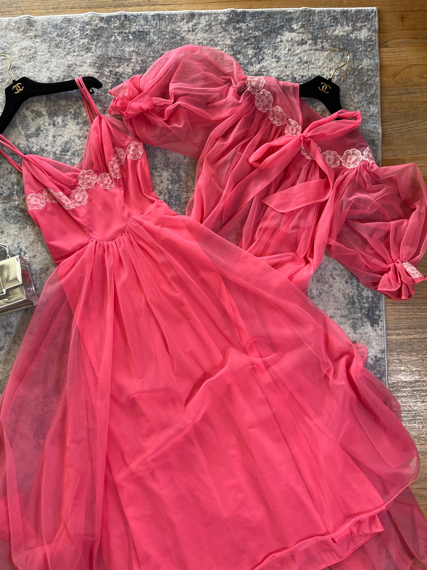50s Wallace Virginia Pink Coral Peignoir Slip Duster Set Fits XS-M