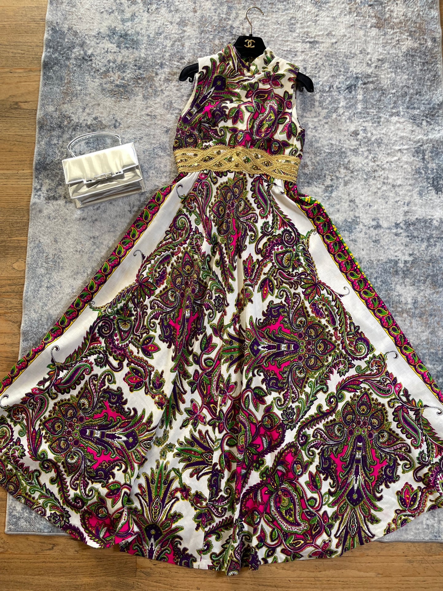 60s/ 70s Day-Glo Waist Embellished Volume Skirt Maxi Dress XS-SM