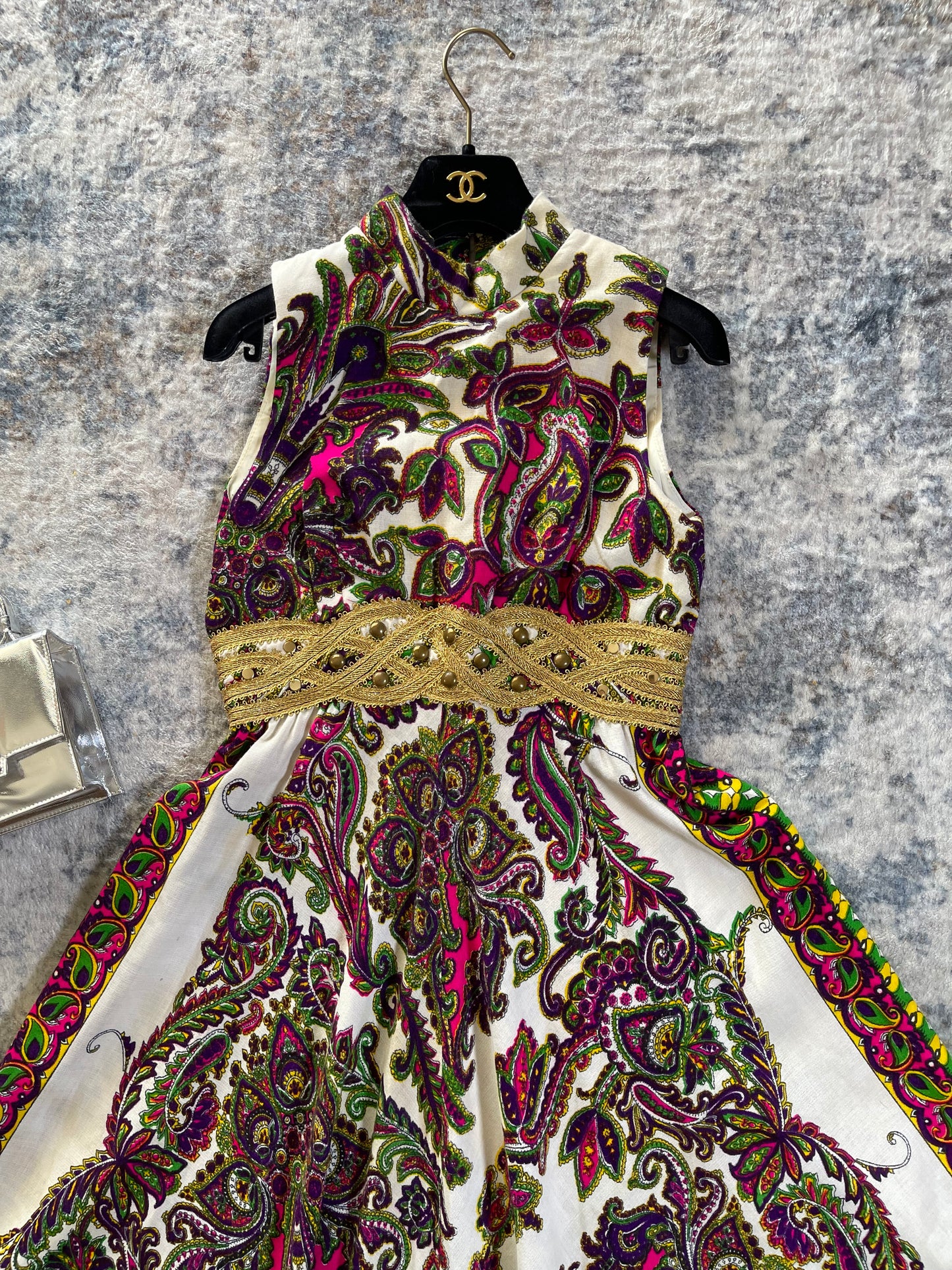 60s/ 70s Day-Glo Waist Embellished Volume Skirt Maxi Dress XS-SM