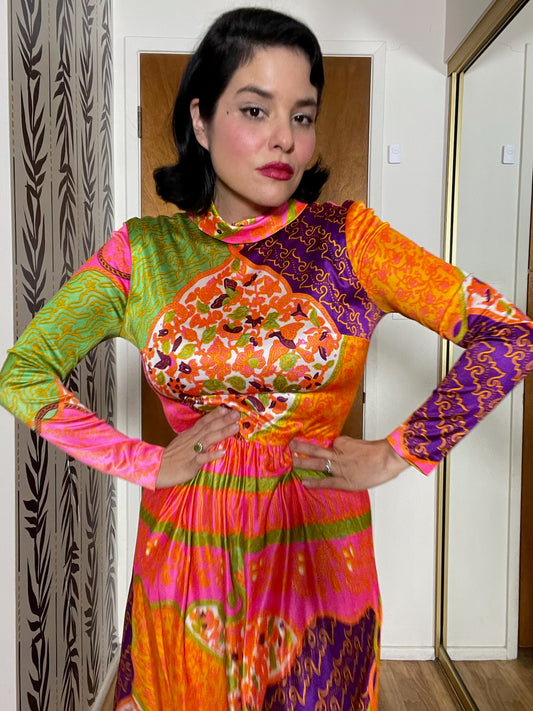 Vintage 60s 70s "Domino" Multicolored Maxi Dress - Best Fits Size XS-S