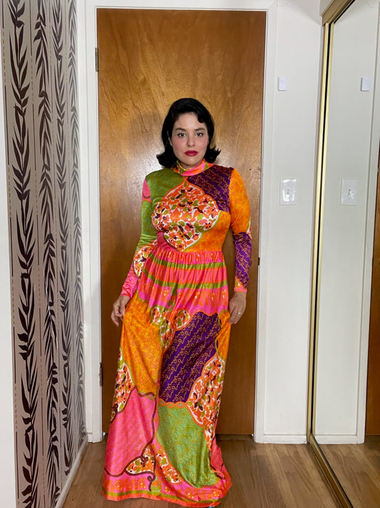 Vintage 60s 70s "Domino" Multicolored Maxi Dress - Best Fits Size XS-S