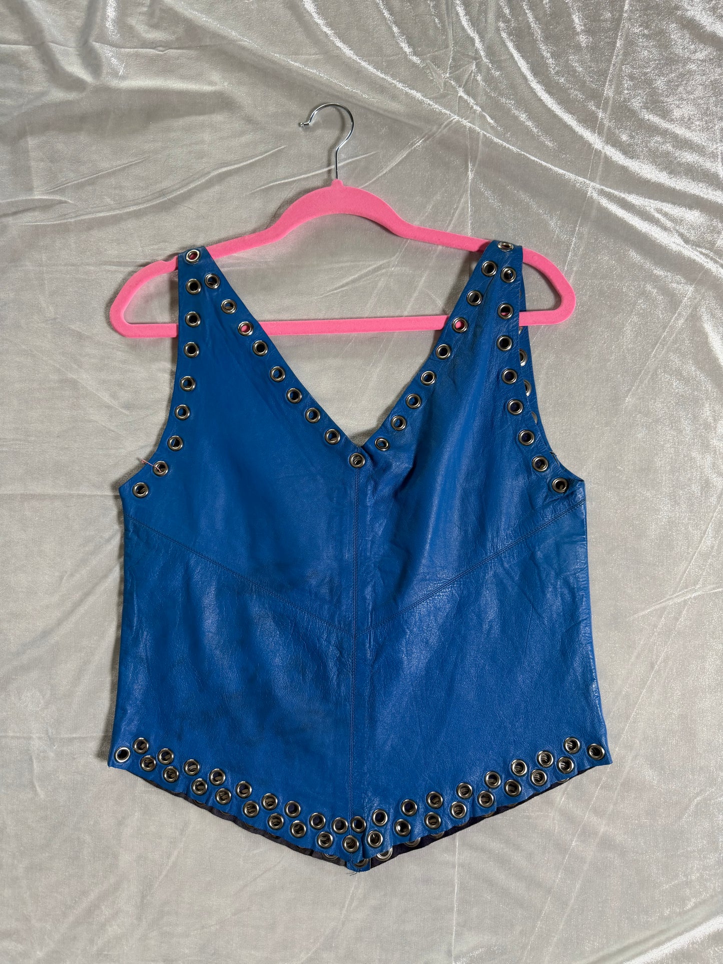 Vintage 80s Blue Leather Tank with Grommets by Francesca Sterlacchi Fits XS-SM