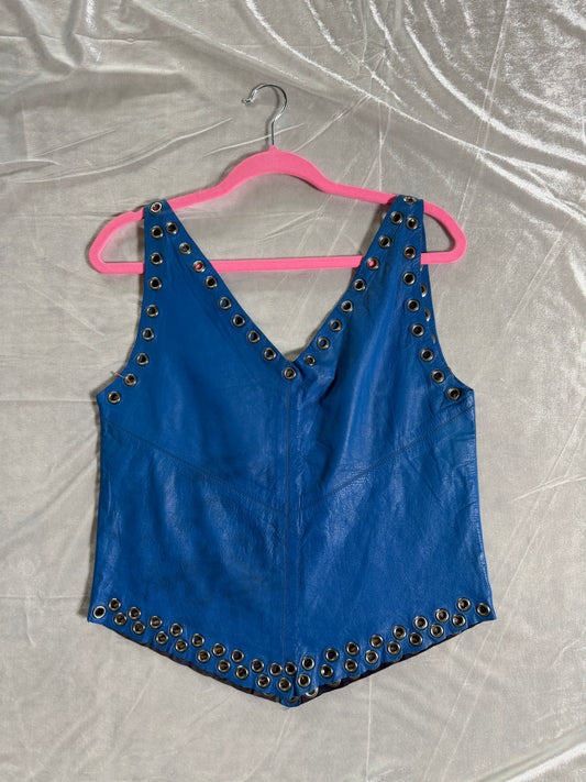 Vintage 80s Blue Leather Tank with Grommets by Francesca Sterlacchi Fits XS-SM