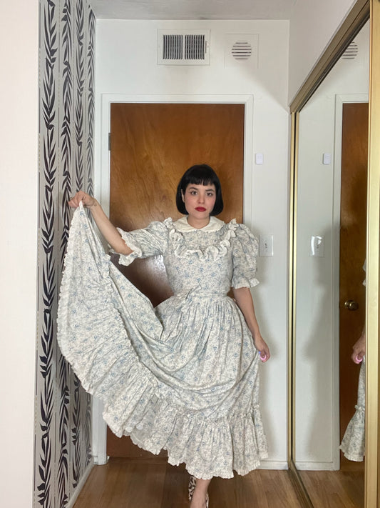 Vintage 70s Blue and Cream Prairie Dress - Best Fits Size M-L
