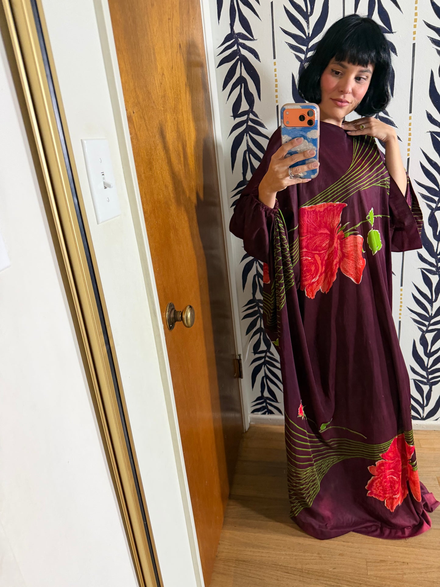 60s Psychedelic Rose Caftan Dress Fits Most Sizes
